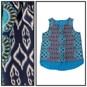 Rose & Olive XL Blue Boho Sleeveless Blouse Geometric Print